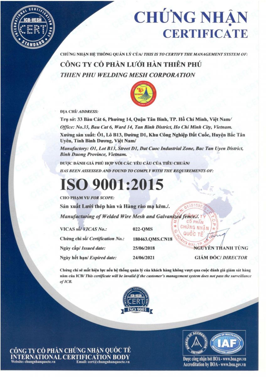 Chứng nhận ISO - Lưới Hàn Thiên Phú - Công Ty Cổ Phần Lưới Hàn Thiên Phú